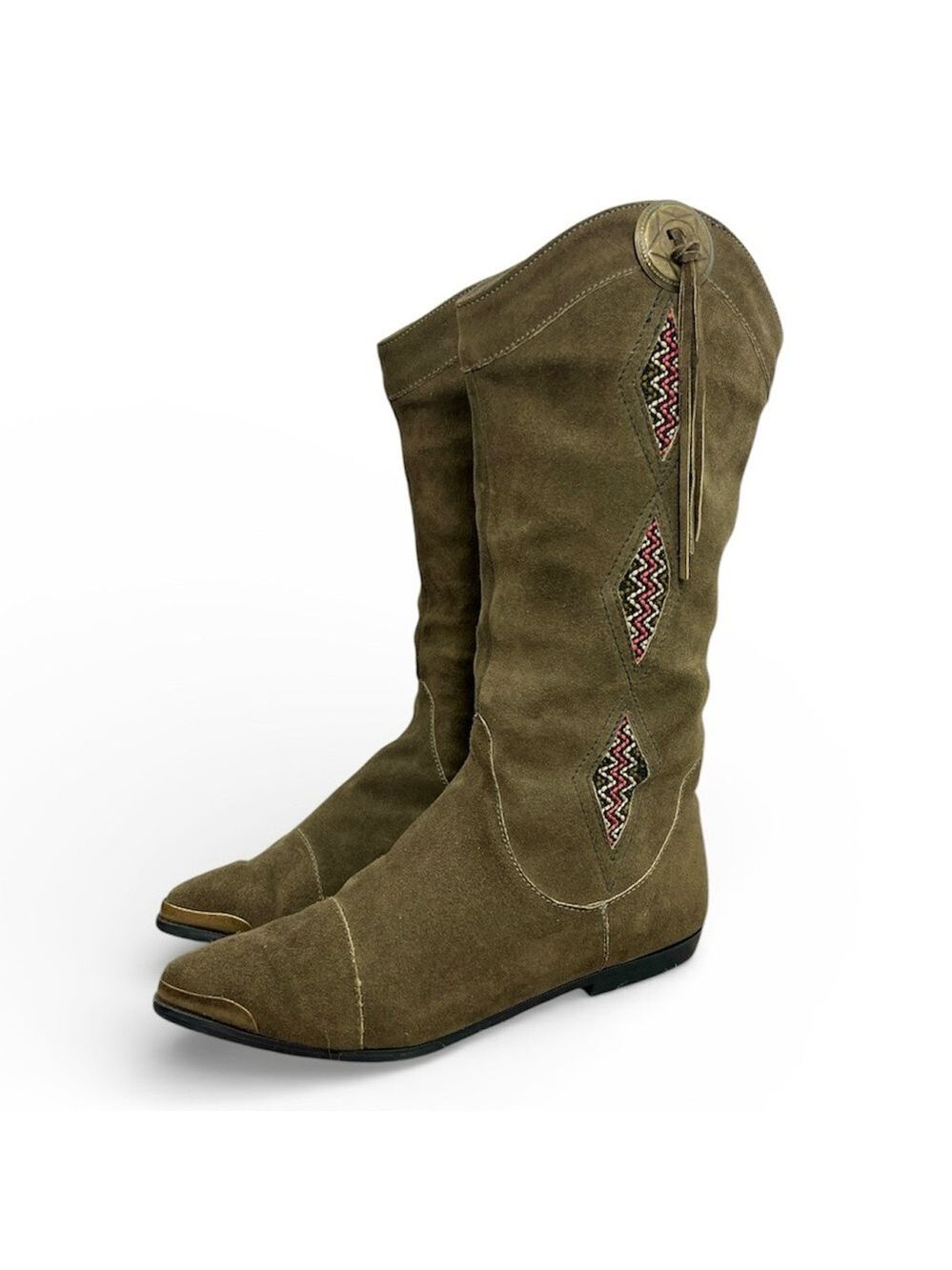 Vtg 80s Kaufman Canada green suede embroidered tassel western mid calf boots 8 - Picture 2 of 15